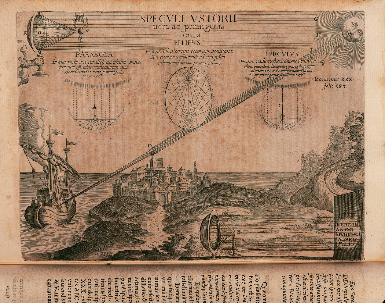 Burning Mirrors of Archimedes, Engraving from Ars Magna Lucis et Umbrae by Athanasius Kircher