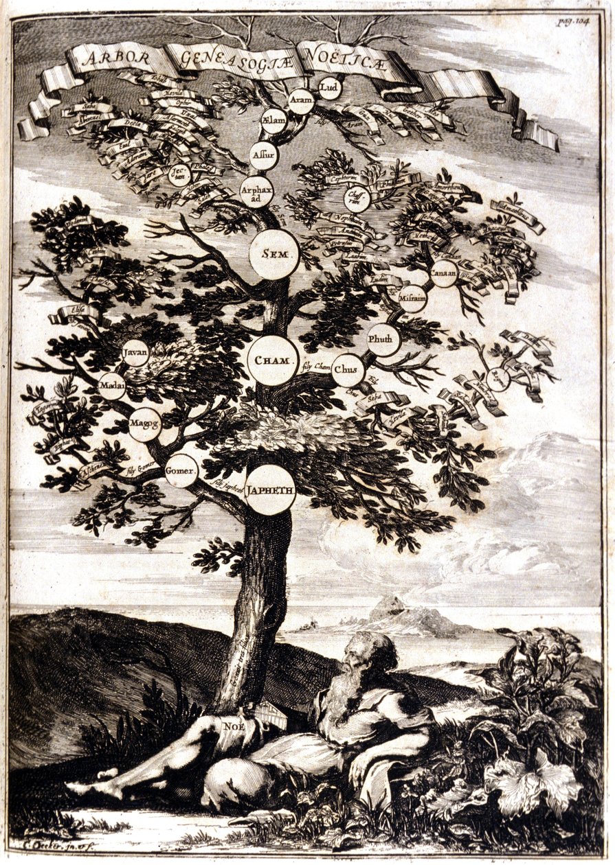 Genealogical Tree of Noah after Athanasius Kircher, Turris Babel, Roma 1675 by Athanasius Kircher