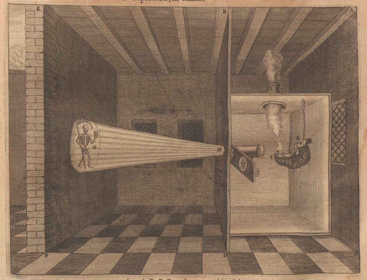 Magic lantern showing Death from Ars Magna Lucis, 1671 by Athanasius Kircher