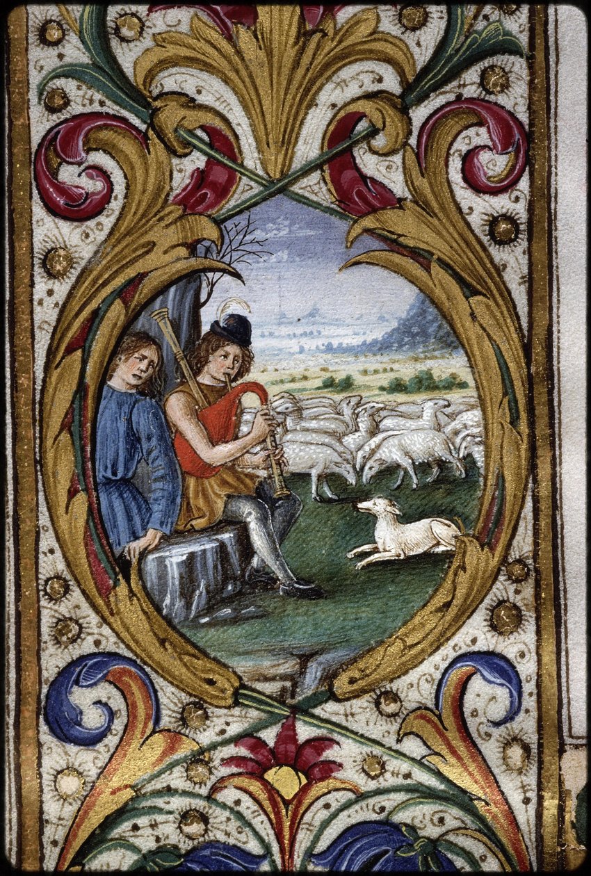 Missal of Thomas James: Detail of a Margin Medallion: Shepherds by Attavante degli Attavanti