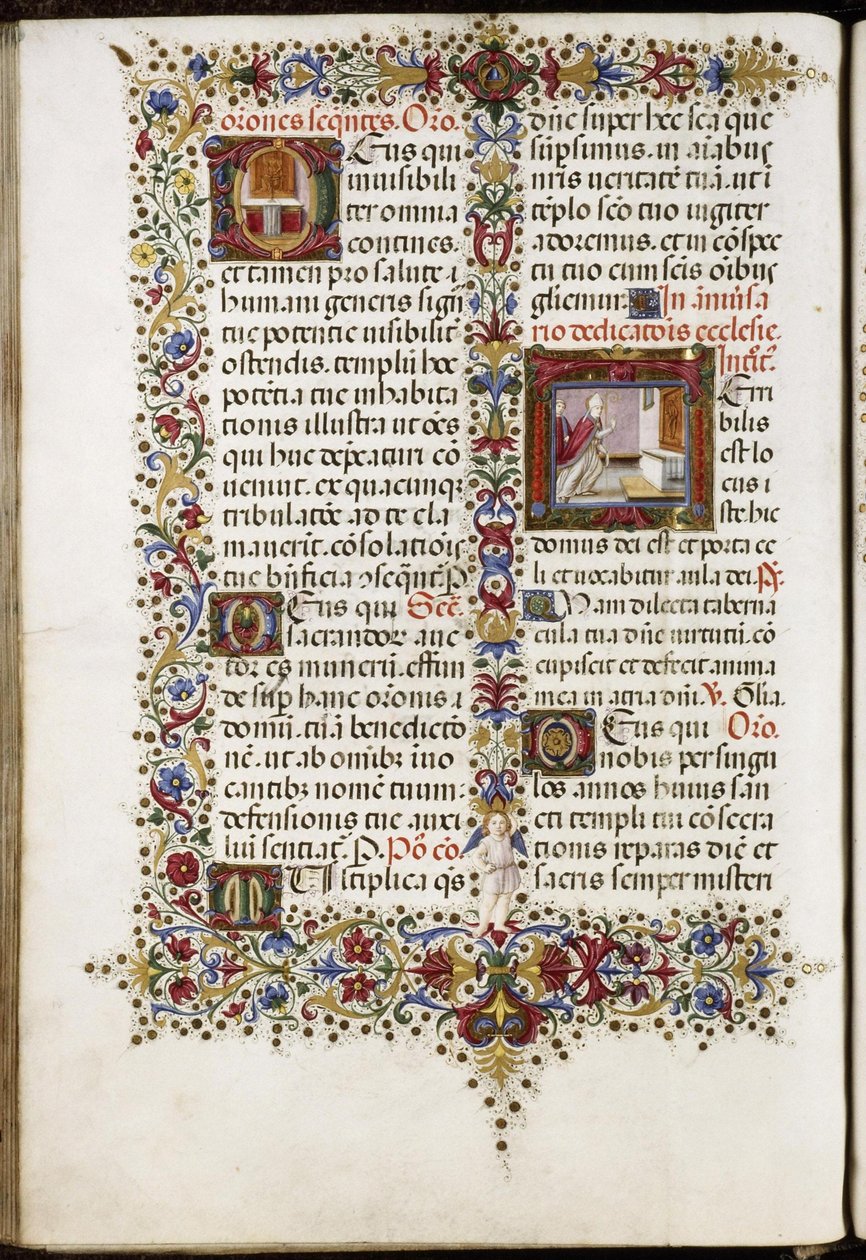 Missal of Thomas James: Page with Two Initials: An Altar and the Dedication of a Church by Attavante degli Attavanti