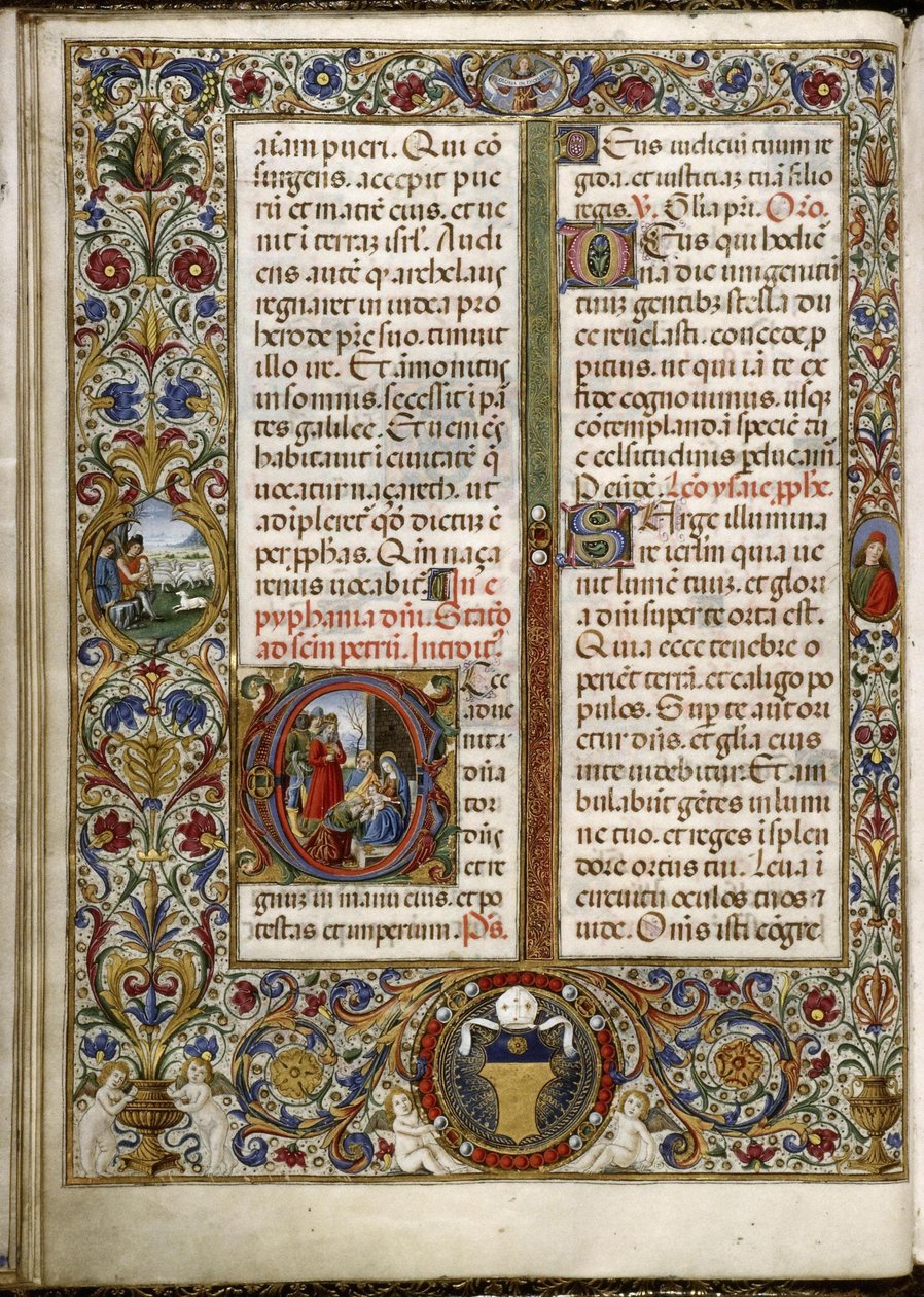 Missal of Thomas James: Page with an Initial: The Adoration of the Magi and a Margin Medallion: The Shepherds of the Annunciation by Attavante degli Attavanti