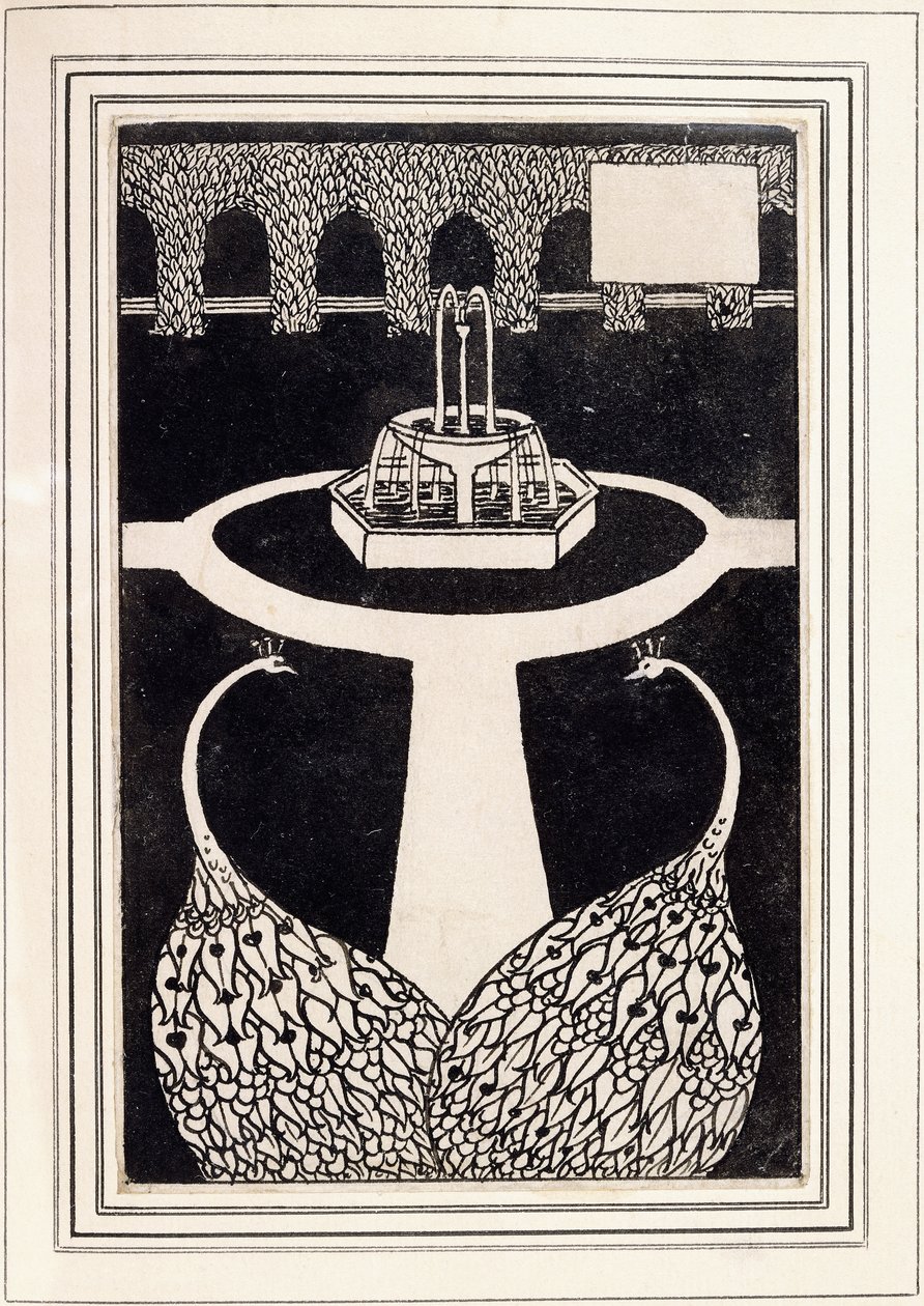 Chapter heading depicting two peacocks in a garden with a fountain, c.1893/4 by Aubrey Beardsley