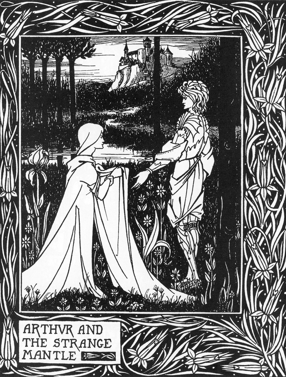 King Arthur Receiving the Visit of a Young Girl Sent by the Fay Morgane. Illustration by Aubrey Beardsley from Thomas Malory