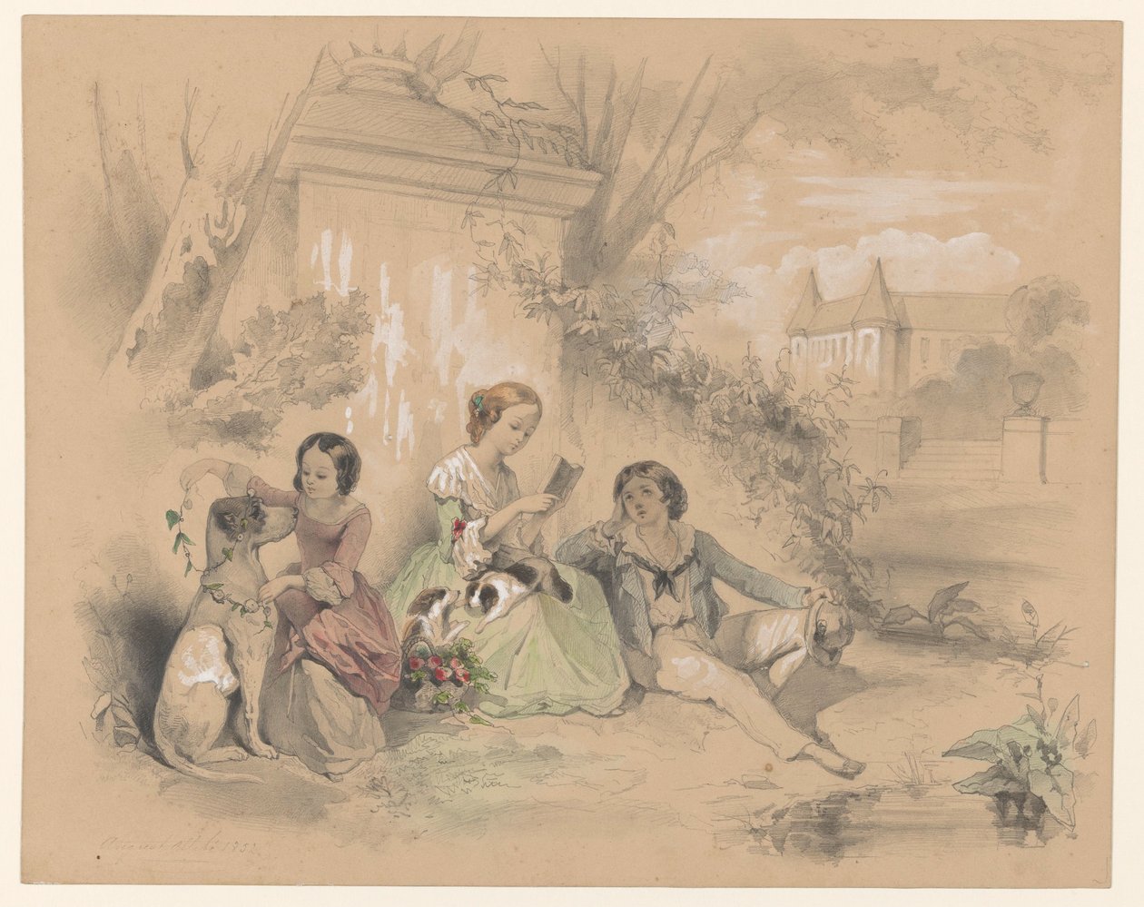 Three Children in a Castle Garden, Reading and Playing with Dogs by August Allebe