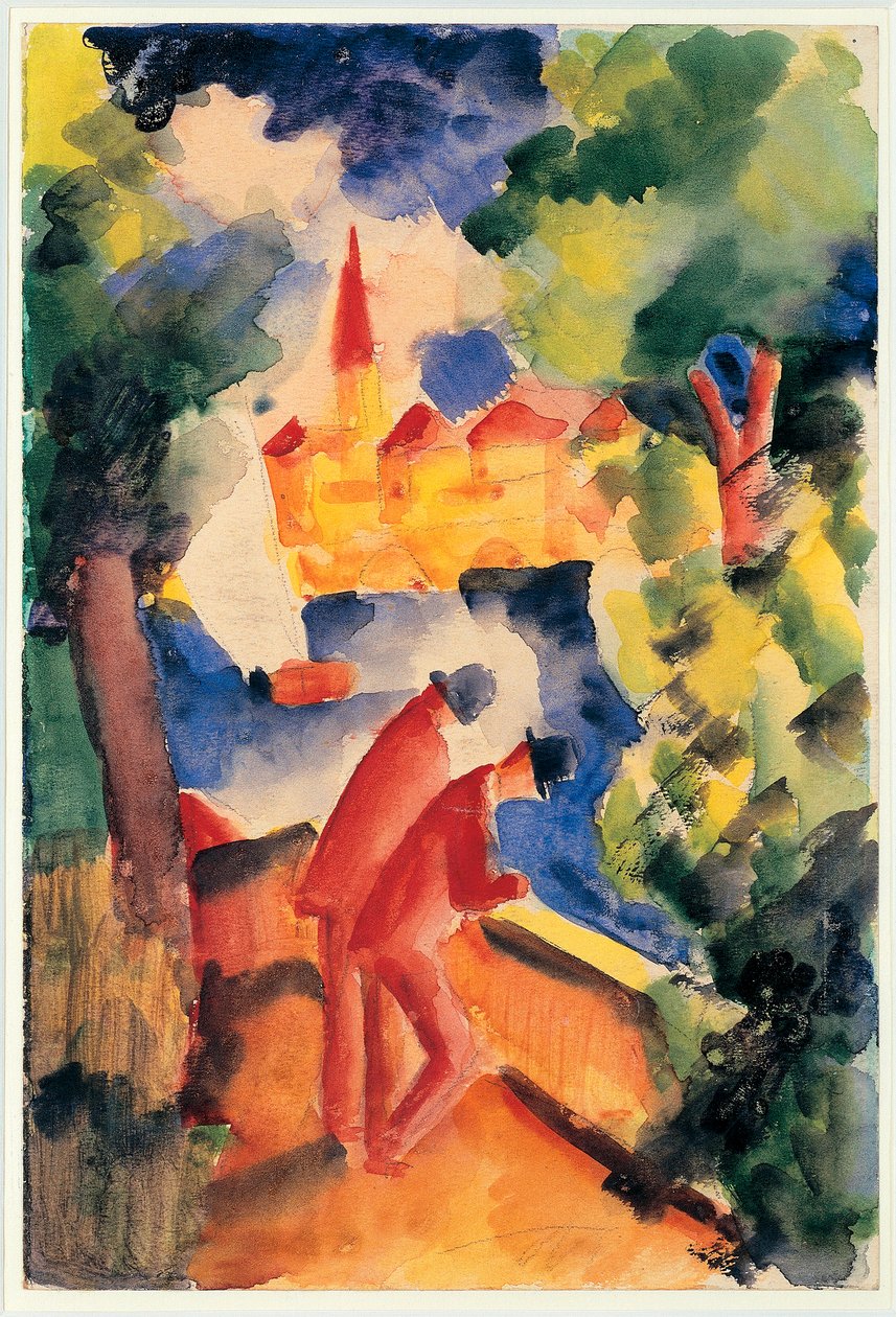 Two Men Arm on the Railing Overlooking a Lake by August Macke