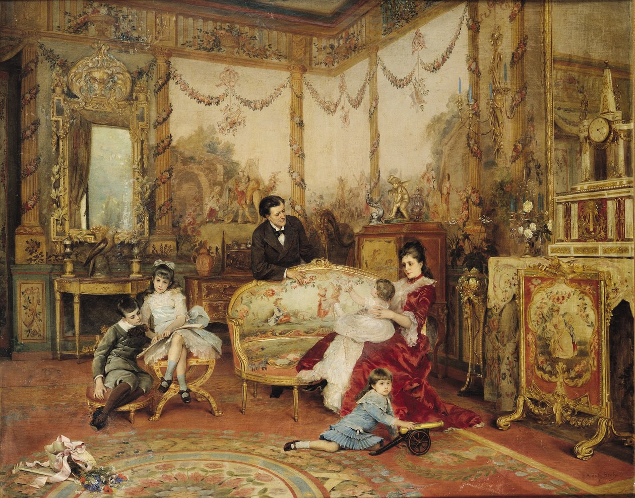 Victorien Sardou (1831-1908) and His Family in Their Drawing Room at Marly-le-Roi, c.1875 by Auguste de la Brely