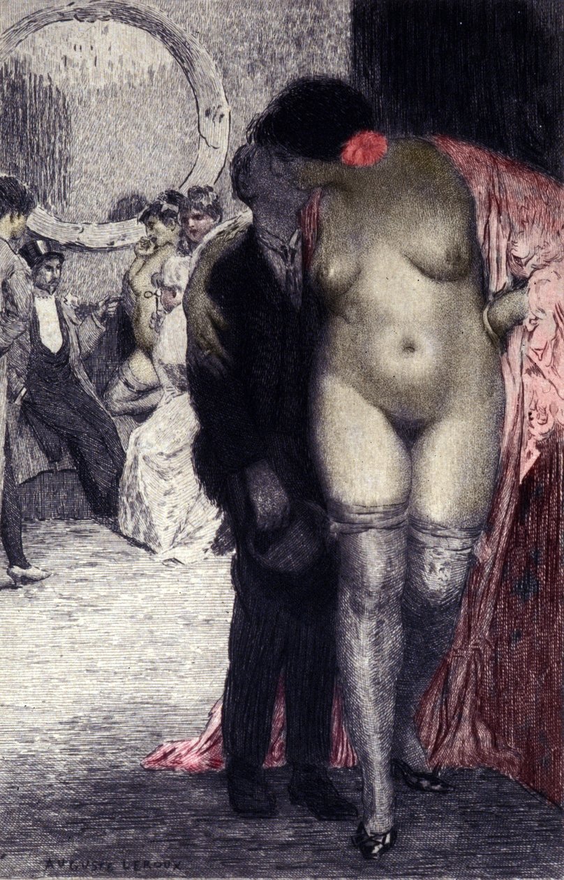 Interior of a French Brothel. A Client with a Prostitute. Illustration by Auguste Leroux by Auguste (after) Leroux