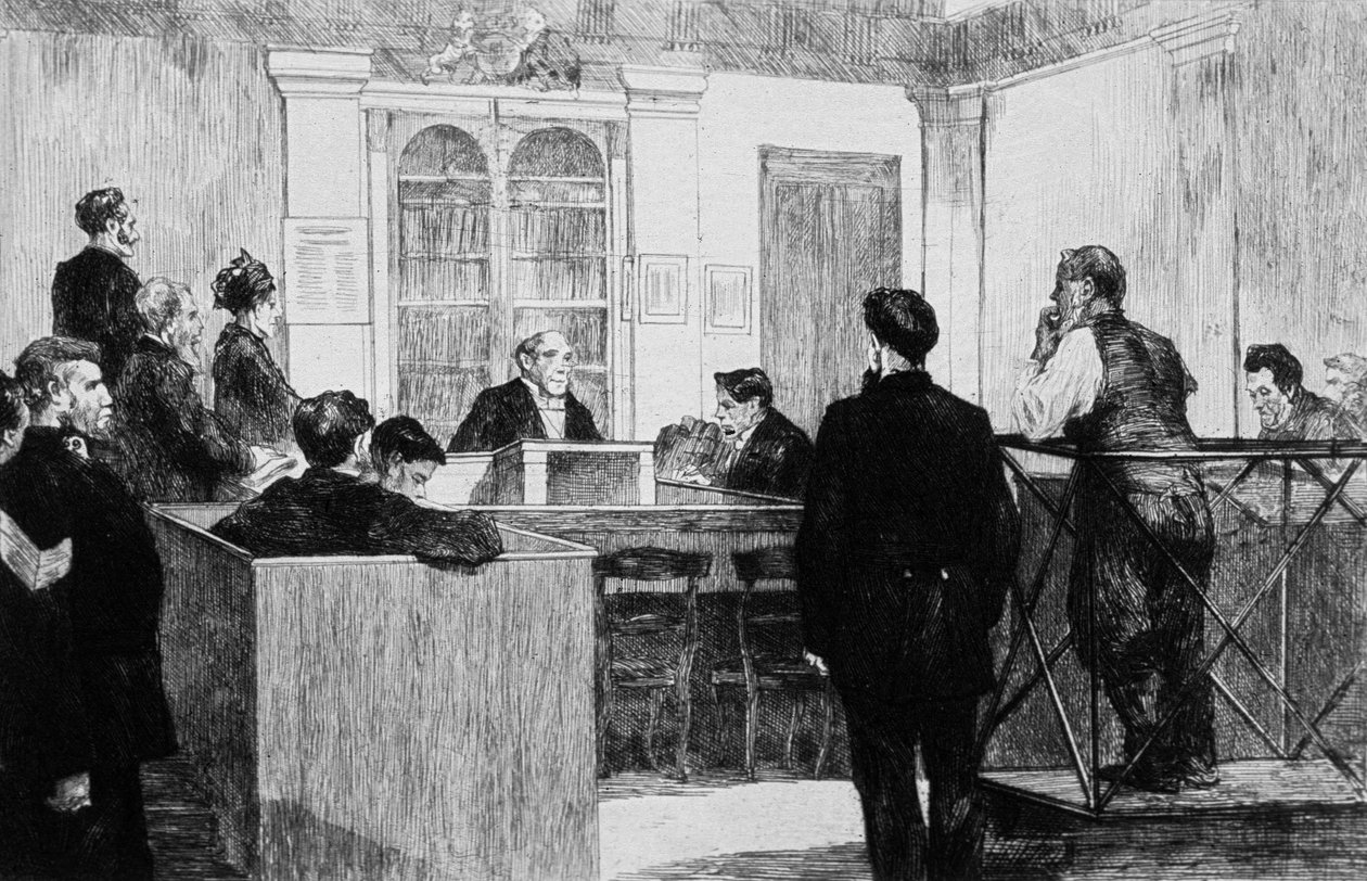 Bow Street Police Court Hall in London in 1884 by Auguste Andre Lancon
