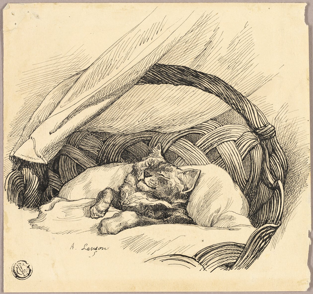 Cat Asleep in Basket by Auguste Andre Lancon
