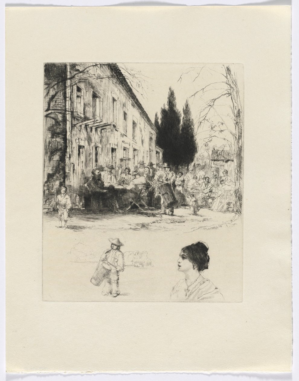 Frédéric Mistral: Memoirs and Stories by Frédéric Mistral: Figures at Outdoor Table, Man Playing Drum and Bust of a Woman (insert after p. 136) by Auguste Brouet