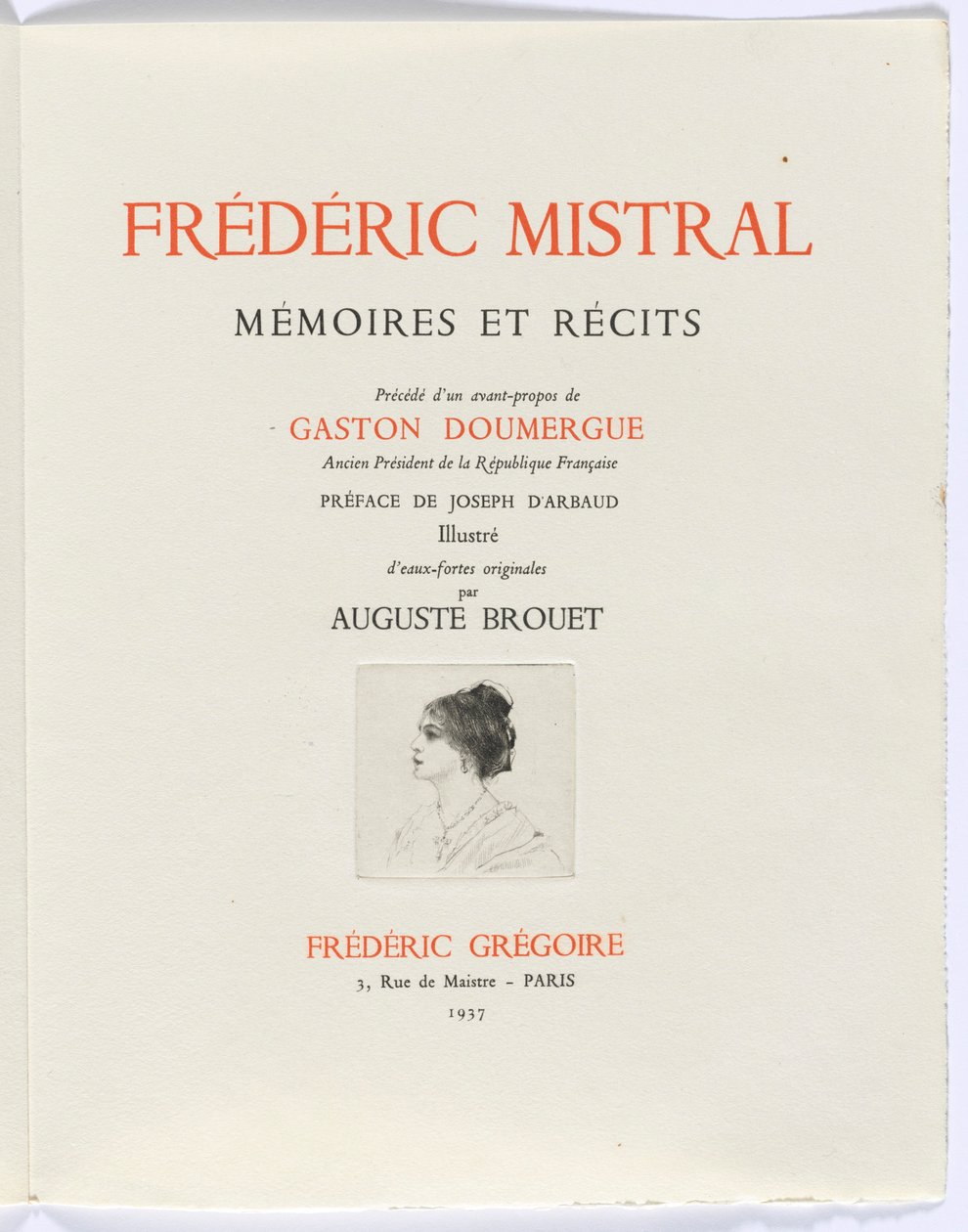 Frédéric Mistral: Memoirs and Stories: title page, bust of woman in profile by Auguste Brouet