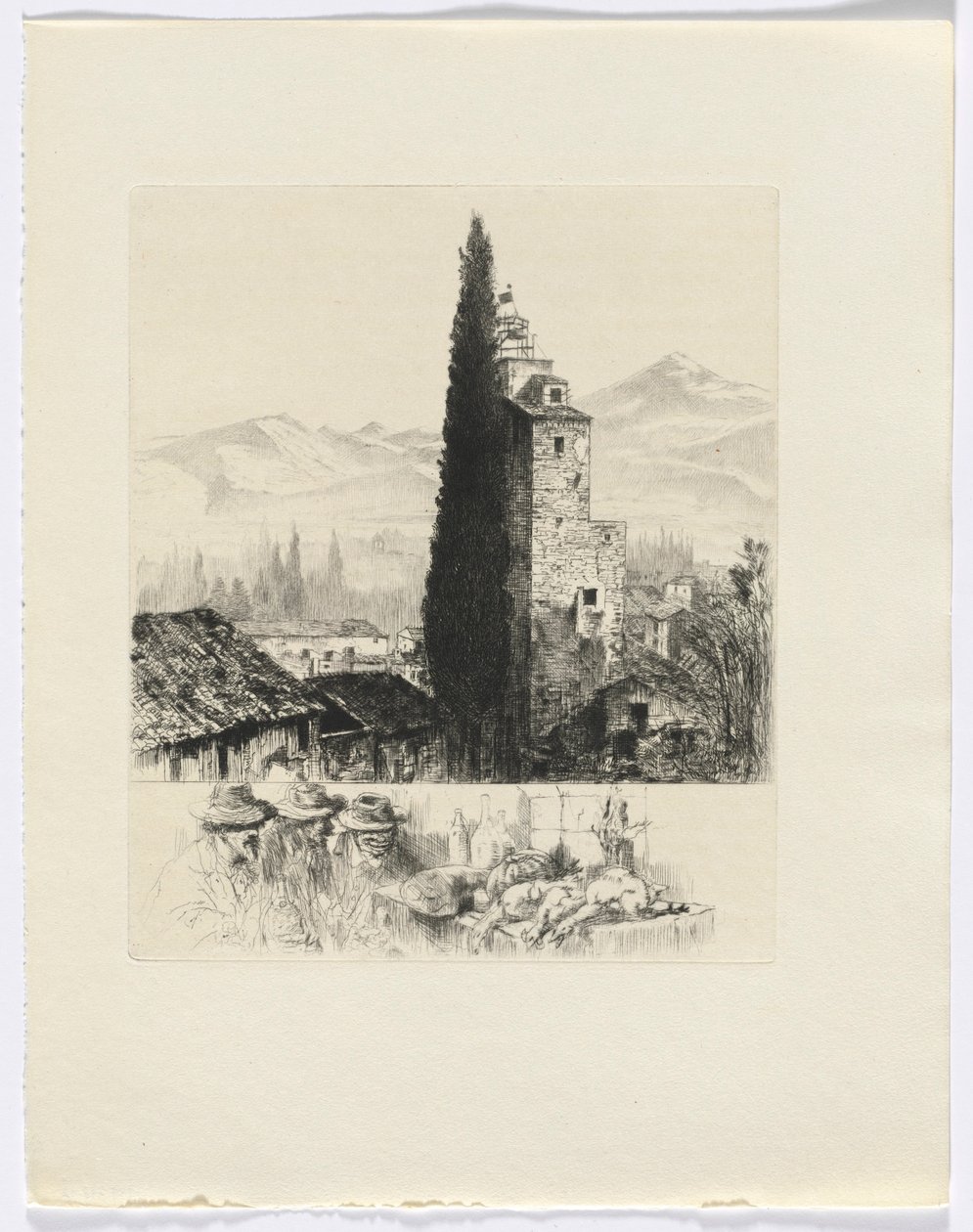 Frédéric Mistral: Memoirs and Stories by Frédéric Mistral: tower in landscape/ man and dead game (insert after p. 200) by Auguste Brouet