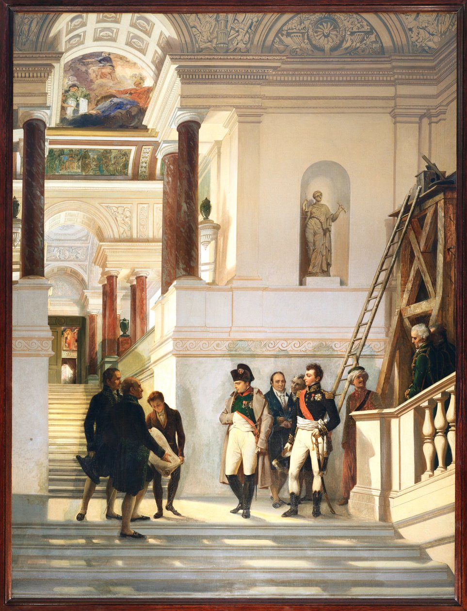 Napoleon I visits the staircase of the Louvre, accompanied by architects Percier and Fontaine by Auguste Couder