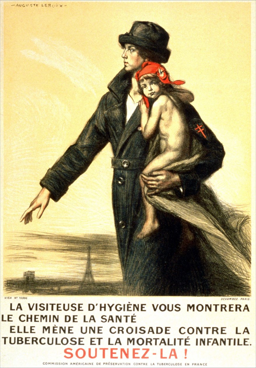 The Hygiene Visitor Will Show You the Path to Health, She Will Fight Tuberculosis and Infant Mortality - Poster of the American Commission for the Preservation of Tuberculosis in France, illustrated by Auguste Leroux by Auguste Leroux