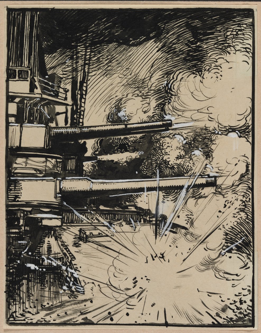 Bomb Exploding on an Armored Ship with Cannons Aimed by Auguste Louis Lepère