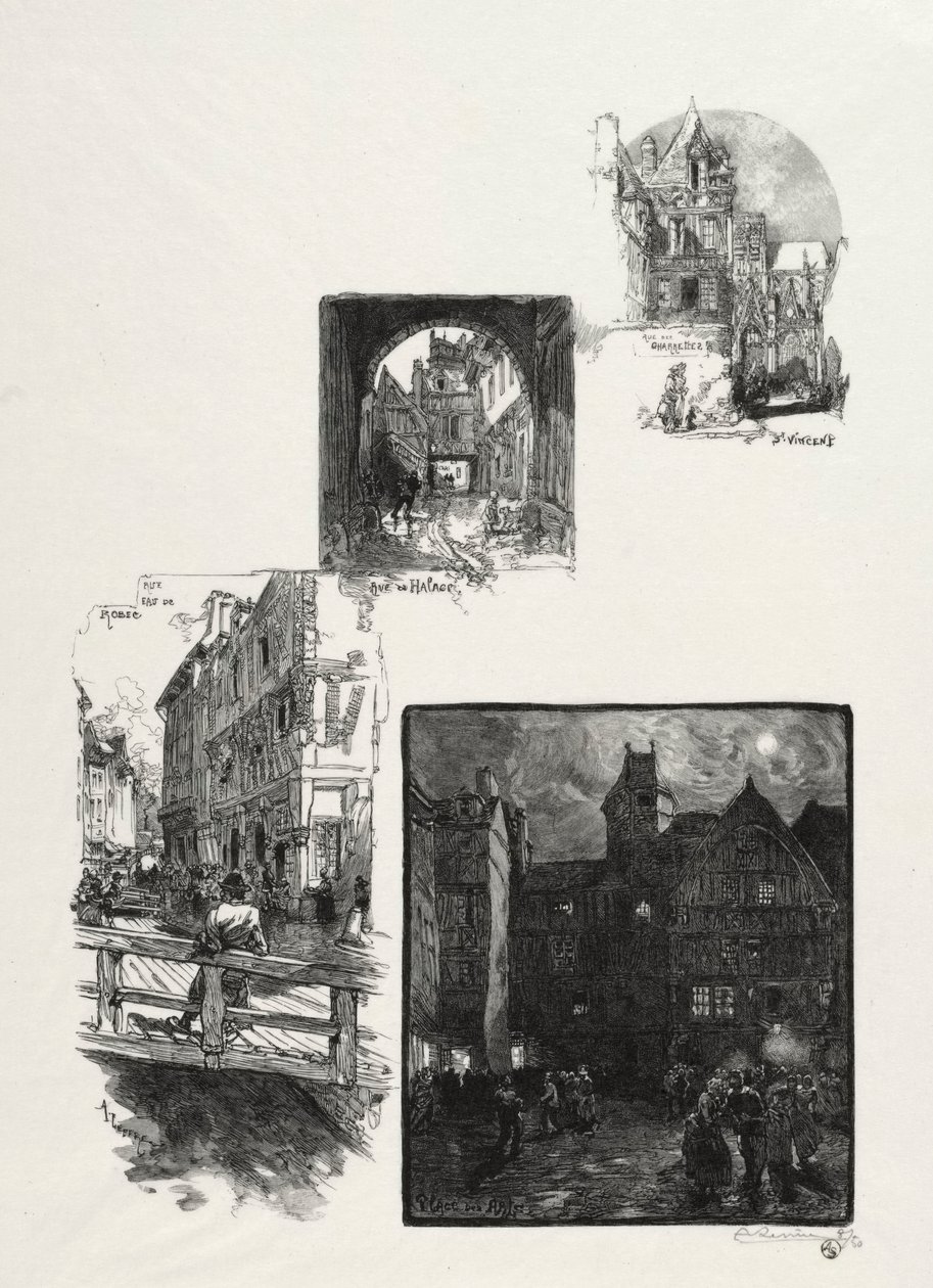 Rouen Illustrated: Rue des Charretes; Rue de Halage; Rue Eau de Robec; Place des Arts by Auguste Louis Lepère