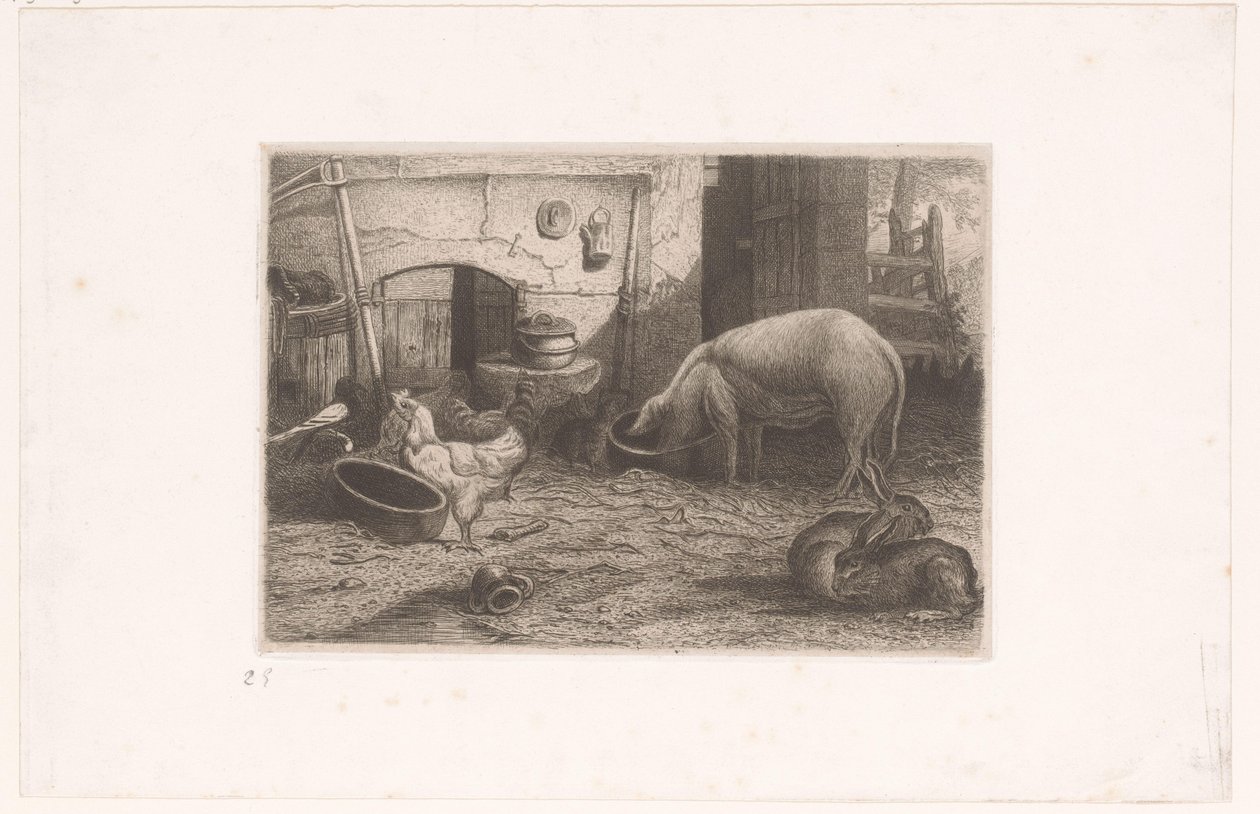 Pig, Chickens, and Rabbits by a Barn by Auguste Numans (attributed to)