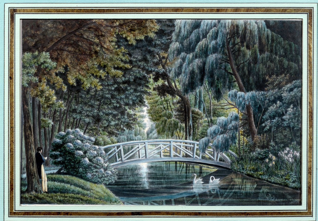 View of the wooden bridge over the river to the left of the castle of Malmaison by Auguste Simon Garneray
