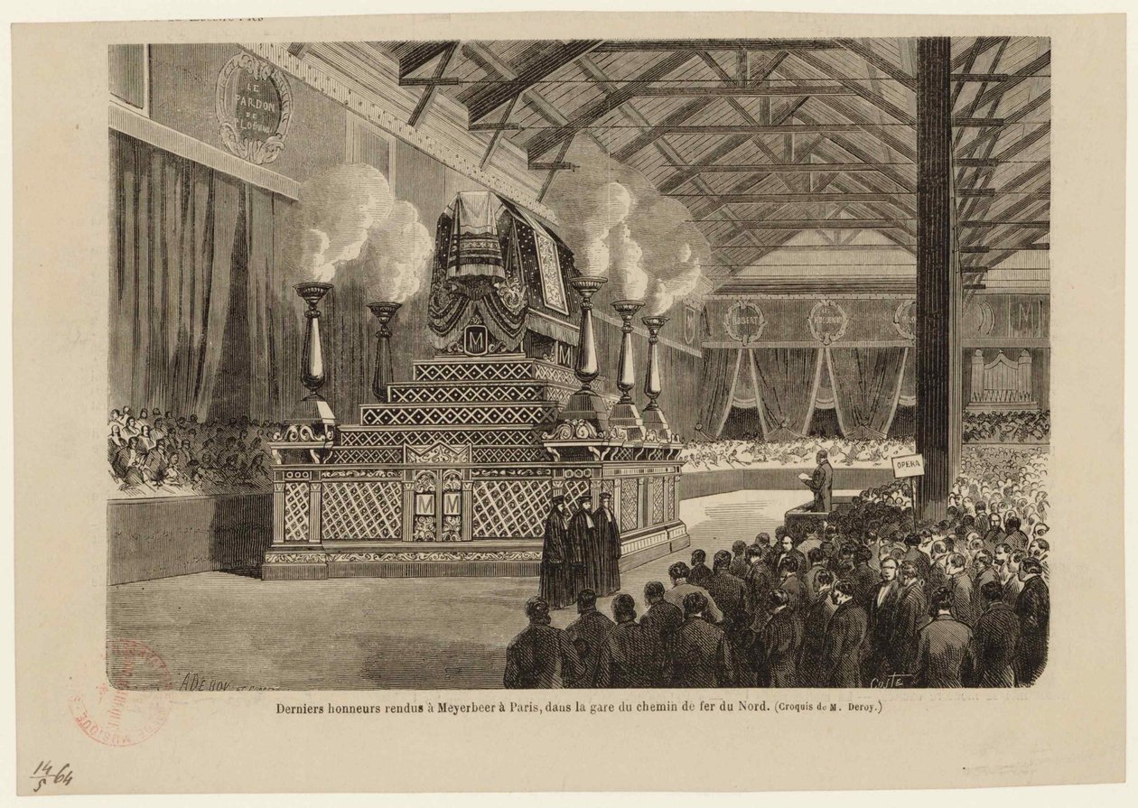 Last honors to Giacomo Meyerbeer in Paris, at the Northern Railway Station on May 6, 1864, ca 1864 by Auguste Victor Deroy