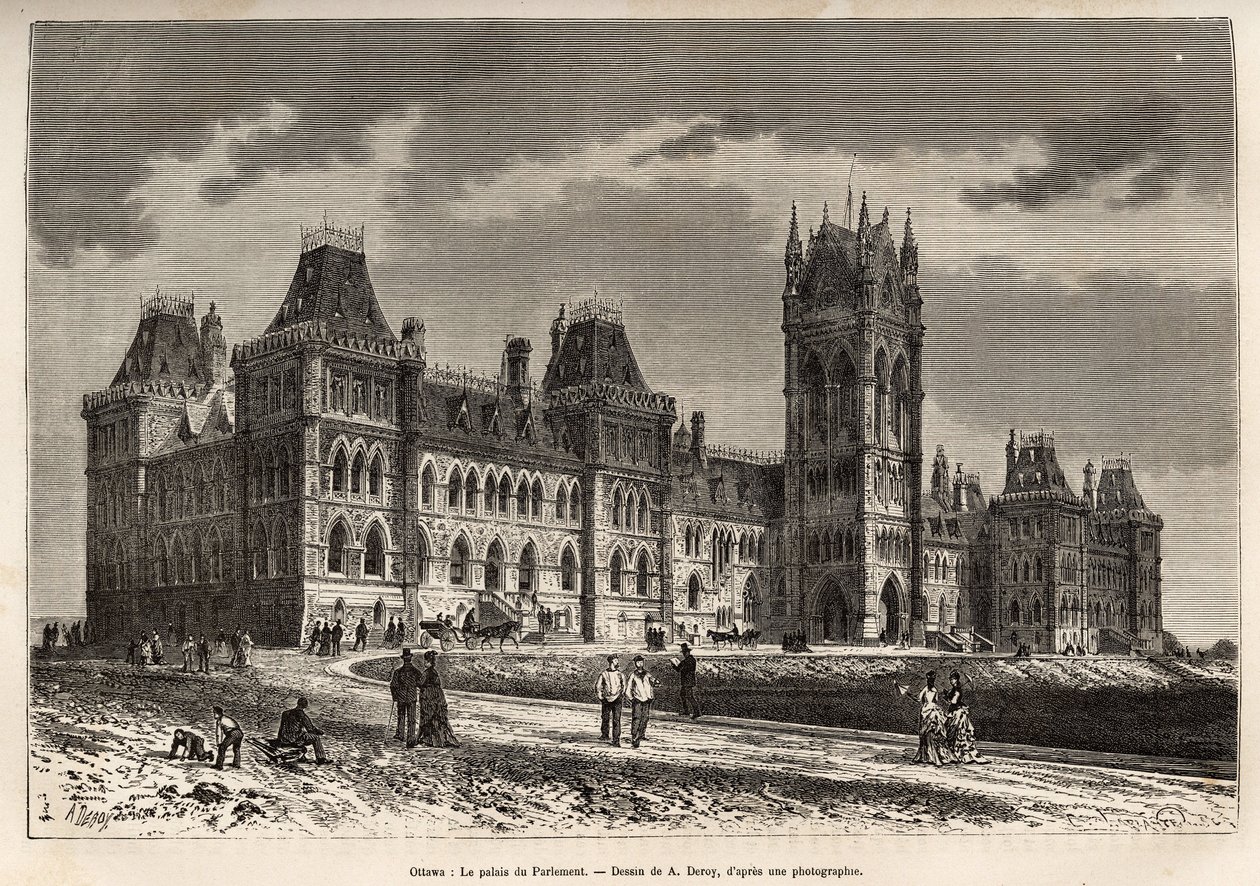 The Palace of Parliament in Ottawa, engraved after a drawing by A. Deroy, illustrating an excursion to Canada and the Red River of the North by H. De Lamotte, published in 