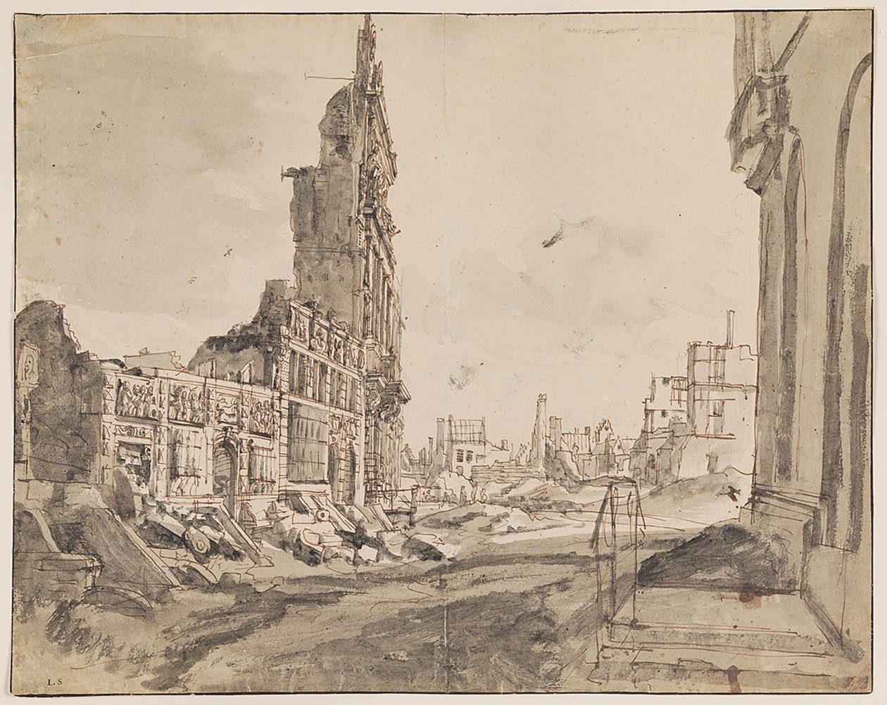 View over the northeast and northwest corners of Grand Place after the bombardment in 1695 by Augustin Coppens