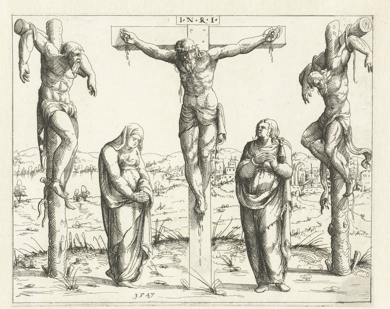 Christ on the Cross with Mary and John by Augustin Hirschvogel