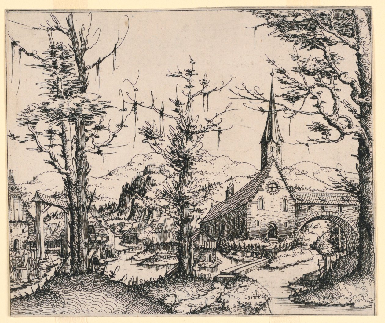 Church by a Stream, Spanned by a Covered Bridge by Augustin Hirschvogel