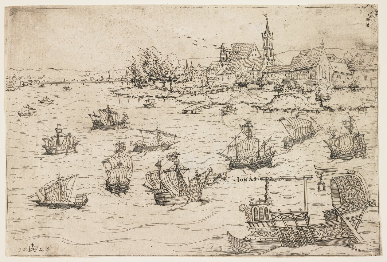 Jonah and the Whale on a Lake with Sailing Vessels by Augustin Hirschvogel