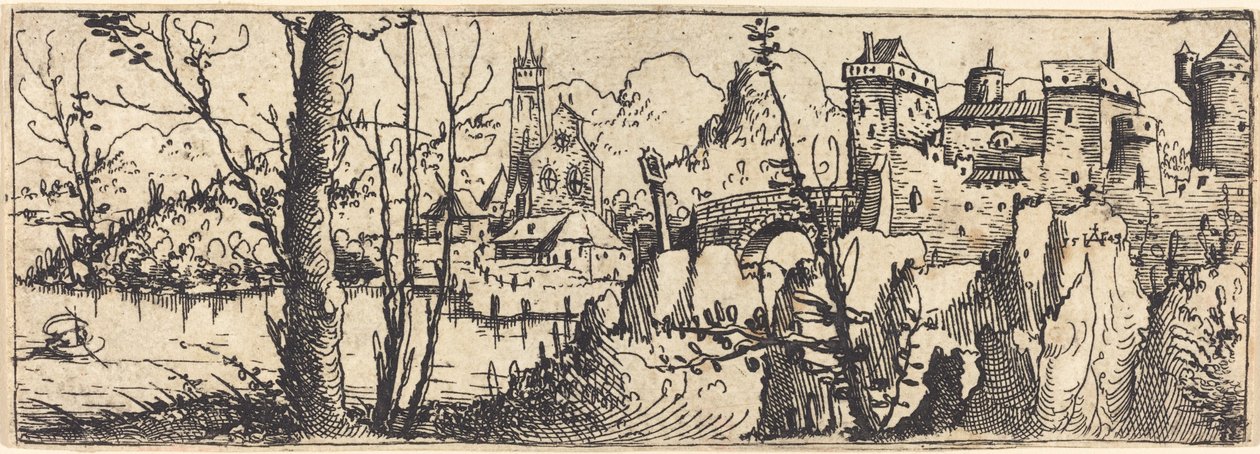 Landscape with Castle at Right, Surrounded by Rocks by Augustin Hirschvogel