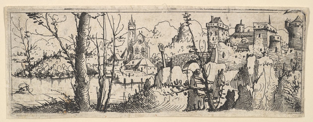 Landscape with Fort and a Church on a River by Augustin Hirschvogel