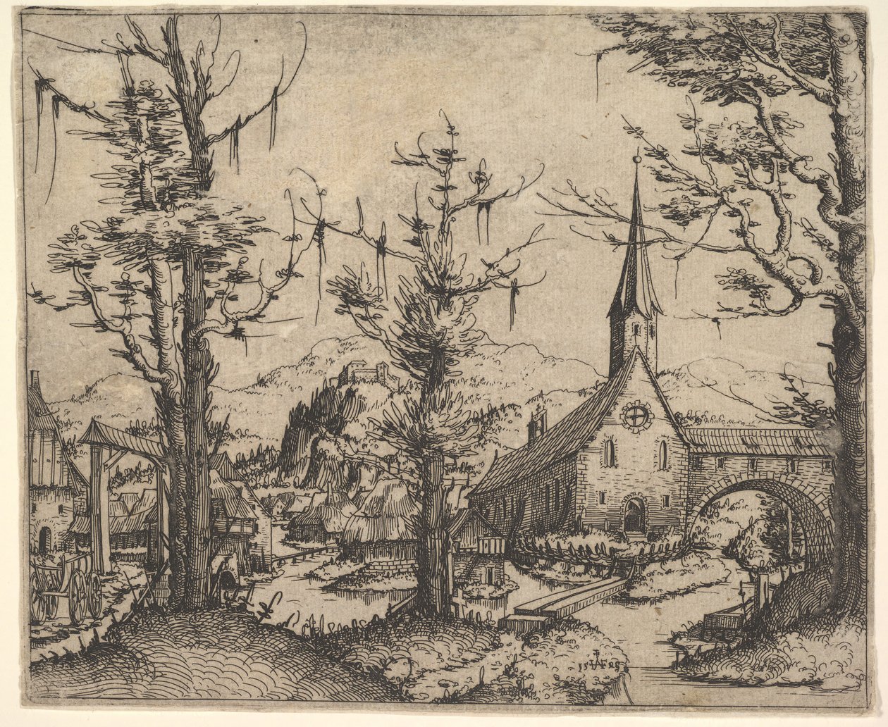 Landscape with Four Trees and a Church at Right by Augustin Hirschvogel