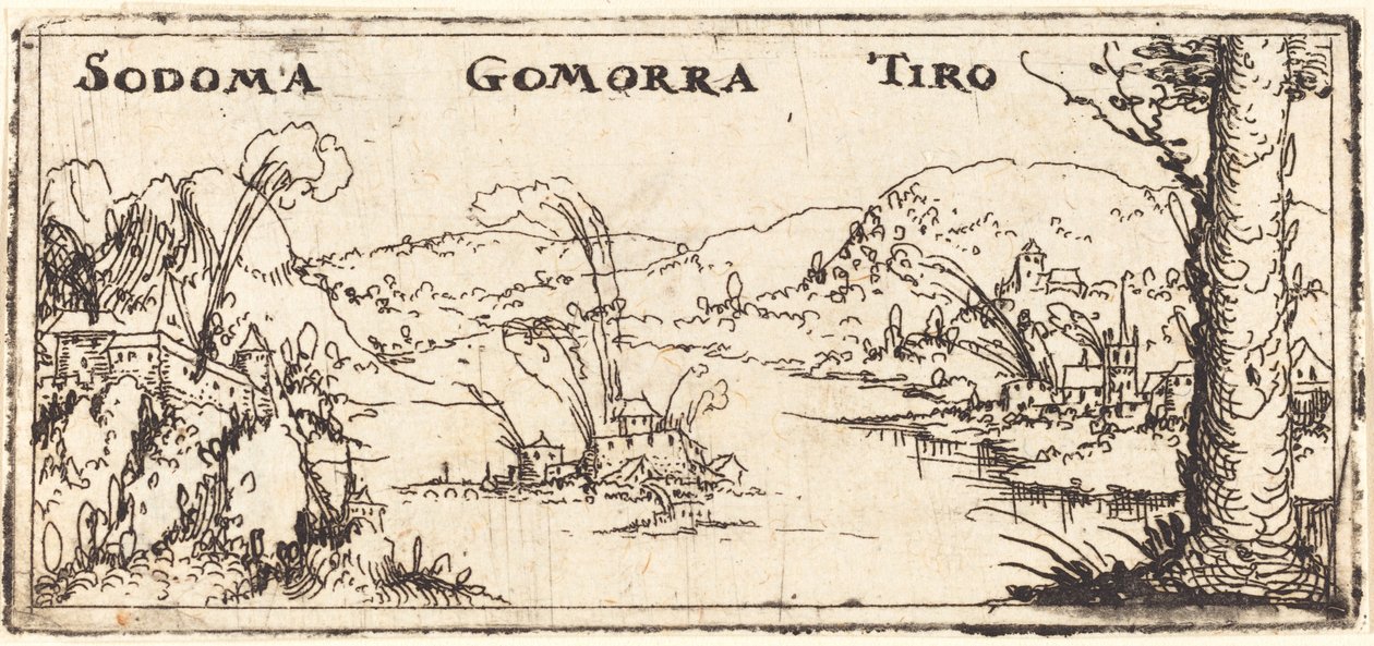 Landscape with Three Burning Cities: Sodom, Gomorrah and Tyrus by Augustin Hirschvogel