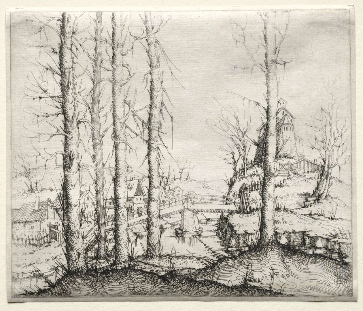 River Landscape with Five Bare Spruce Trees in the Foreground by Augustin Hirschvogel