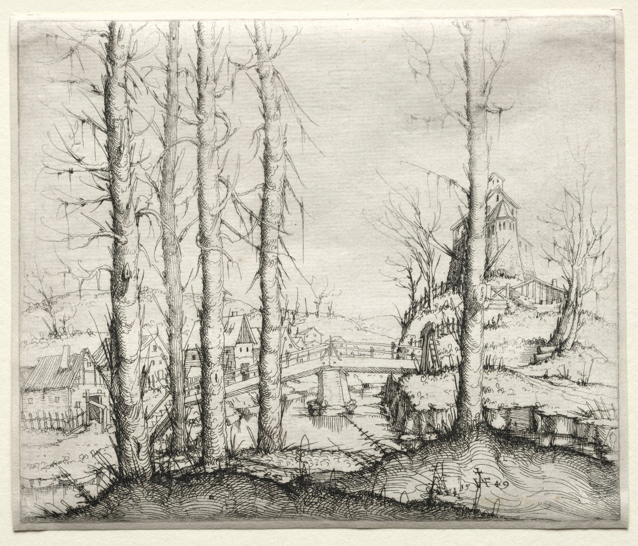 River Landscape with Five Bare Spruce Trees in the Foreground, 1549 by Augustin Hirschvogel