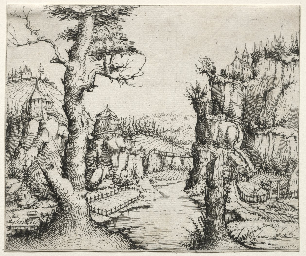 River Landscape with Rocks at Left and Right by Augustin Hirschvogel