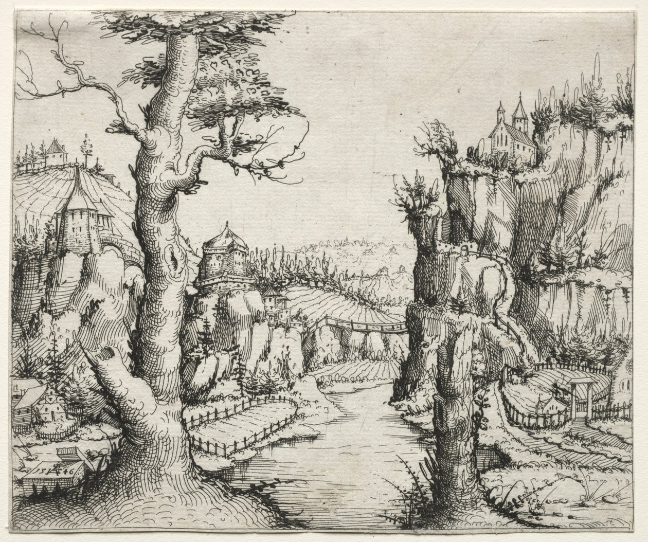 River Landscape with Rocks at Left and Right by Augustin Hirschvogel