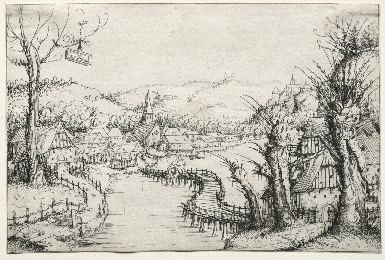 River Landscape with Three Bare Willow-Trees and a Long Winding Wooden Bridge by Augustin Hirschvogel