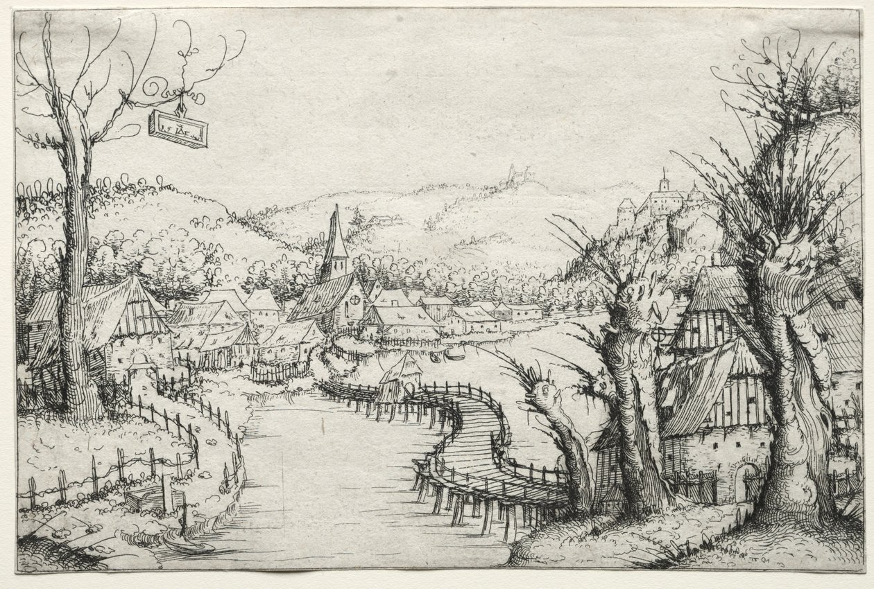 River Landscape with three bare willow-trees at right and a long winding wooden bridge, 1546 by Augustin Hirschvogel