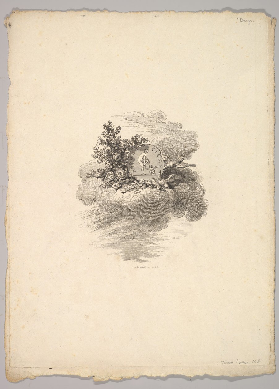 Vignette with Coin on a Cloud with Roses to the Left and Doves Below and to the Right by Augustin de Saint Aubin