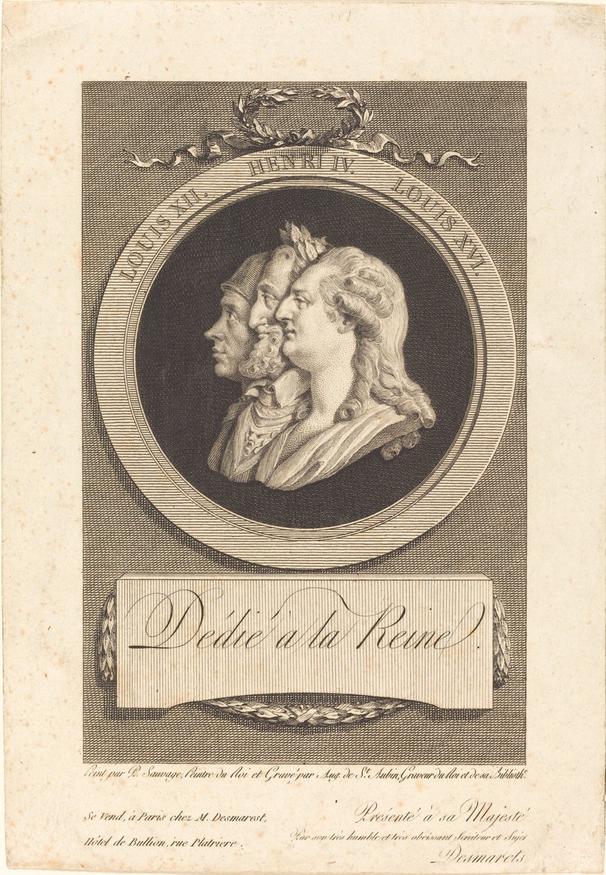 Louis XVI, Henri IV, and Louis XII by Augustin de Saint Aubin after Piat Joseph Sauvage