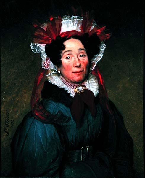 Portrait of a lady with a red and white bonnet by Augustine Cochet St. Omer