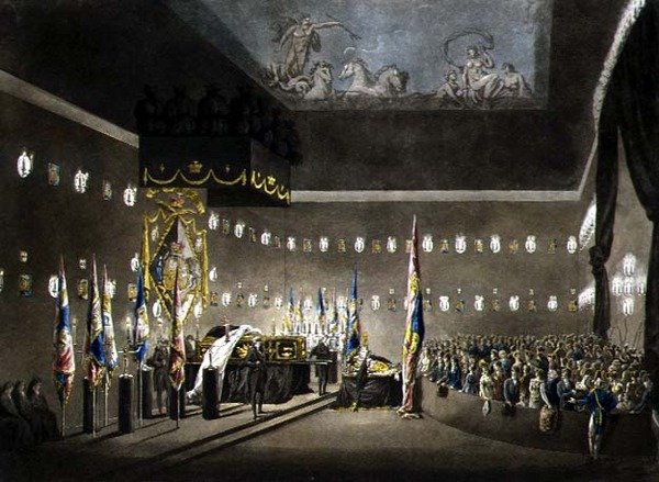 Remains of Lord Viscount Nelson Laying in State in the Painted Chamber at Greenwich Hospital (engraved by J. Merigot) by Augustus Charles (after) Pugin