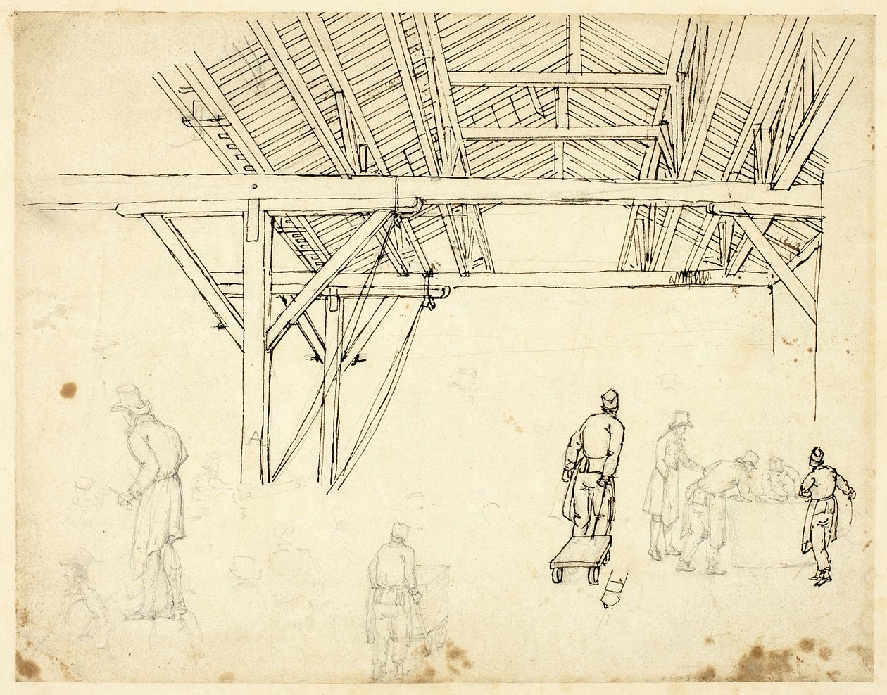 Rejected Study, Possibly for an Illustration of the Custom House, from Microcosm of London (recto); Sketches of Workers with Barrels (verso) by Augustus Charles Pugin