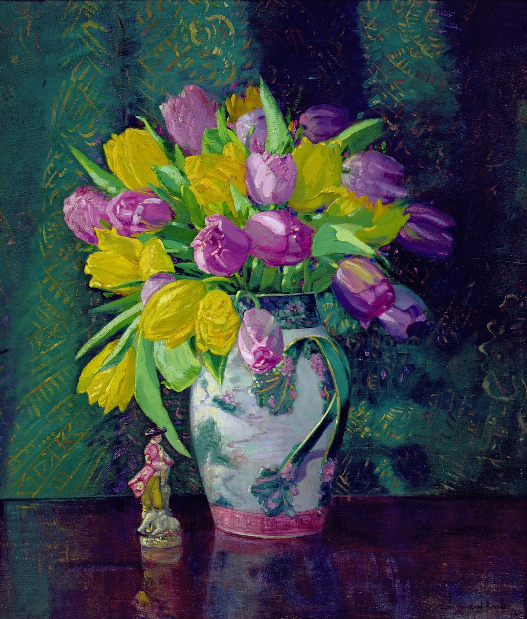 Yellow and Mauve Tulips in a Vase by Augustus William Enness