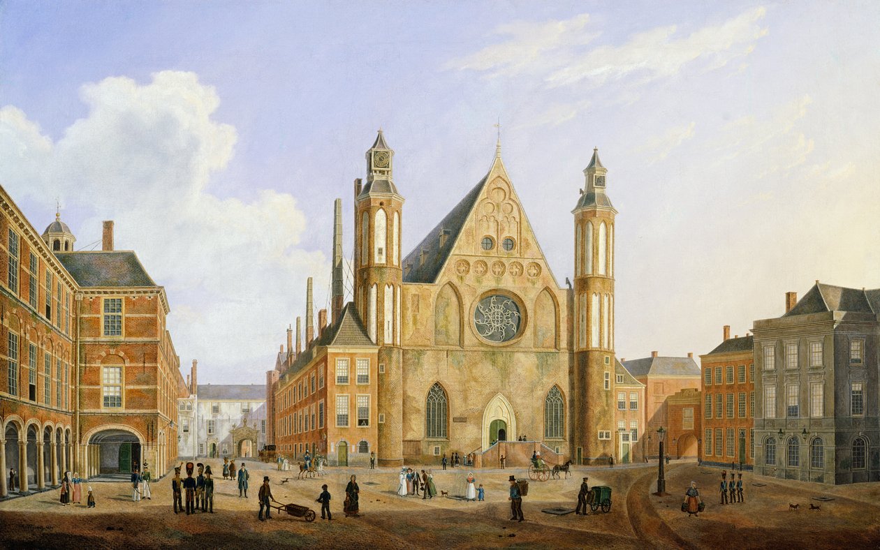 The Binnenhof in the Hague with a View of the Ridderzaal with Soldiers and other Figures in the Courtyard by Augustus Wynantz