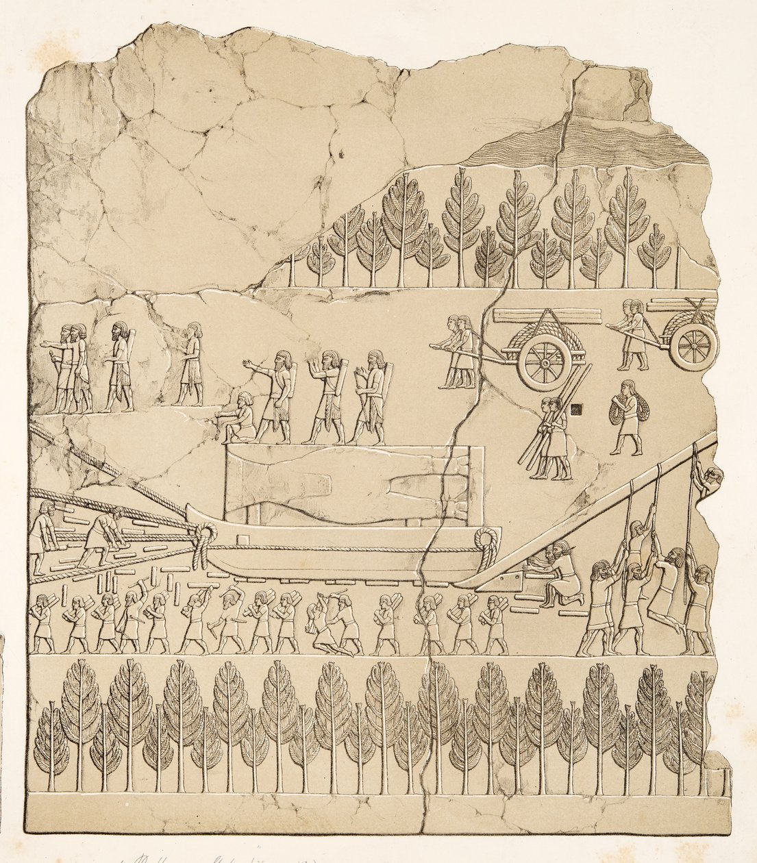 Assyrians Moving a Winged Bull on a Sledge (Kouyunjik), from Monuments of Nineveh, pub. 1849 by Austen Henry Layard