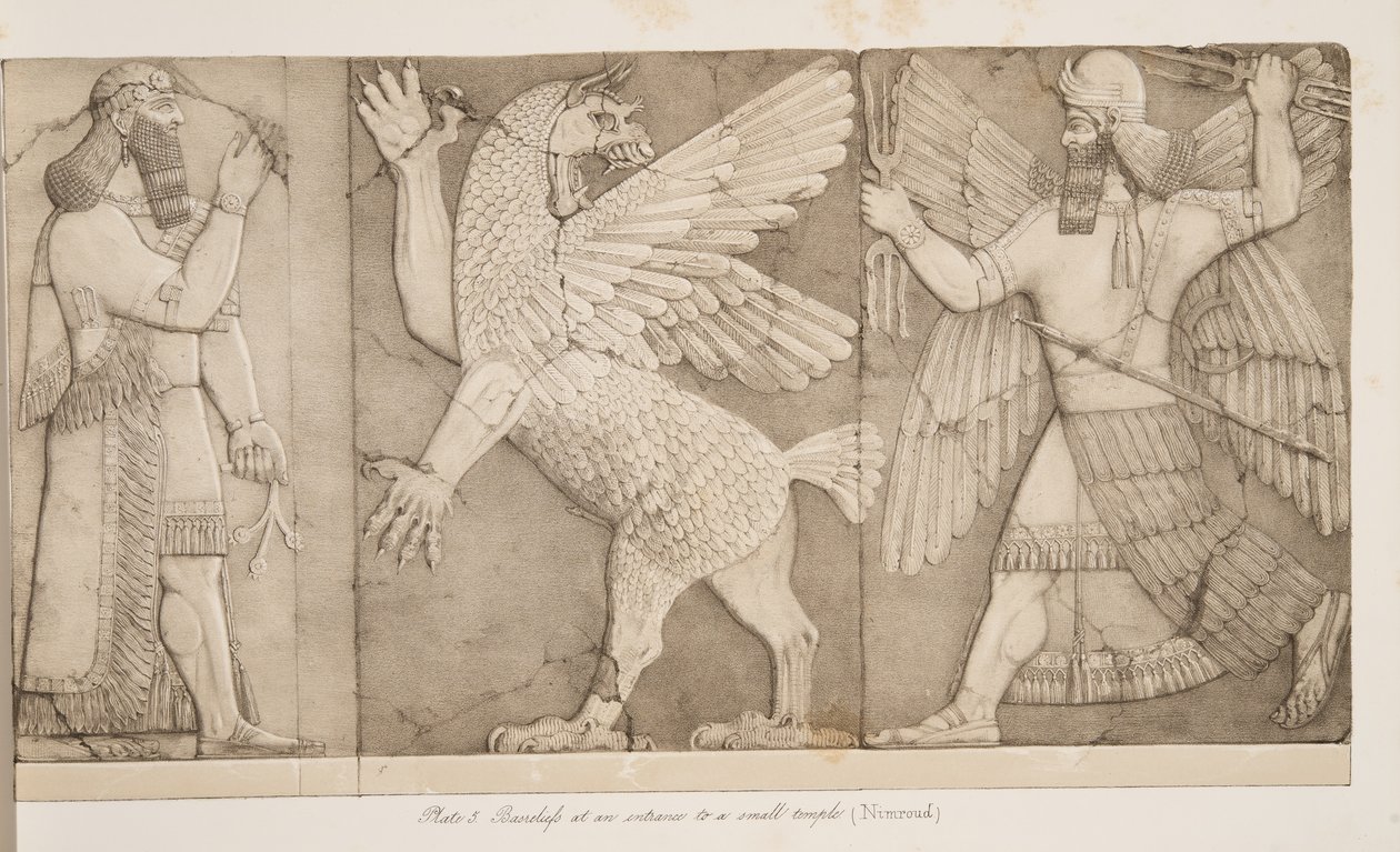 Basreliefs at an entrance to a small temple, from Monuments of Nineveh by Austen Henry Layard