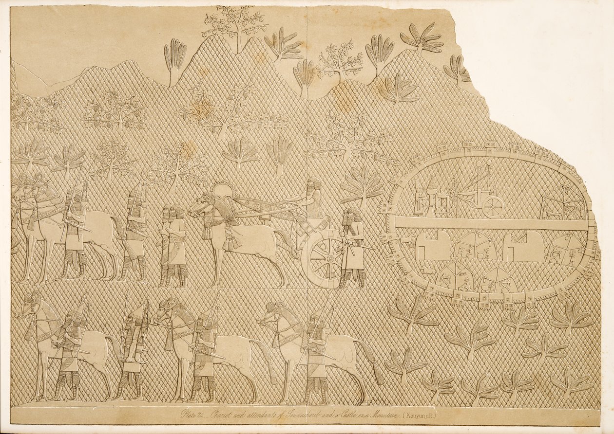 Chariot and attendants of Sennacherib and a Castle on a Mountain, from Monuments of Nineveh by Austen Henry Layard