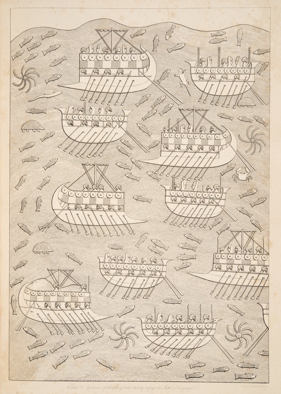 Enemies of the Assyrians taking refuge in ships, from Monuments of Nineveh by Austen Henry Layard